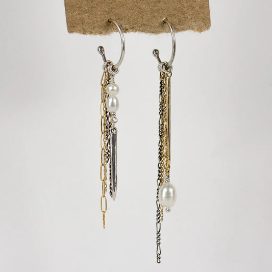 Silver & brass spike, chain & pearl hoops