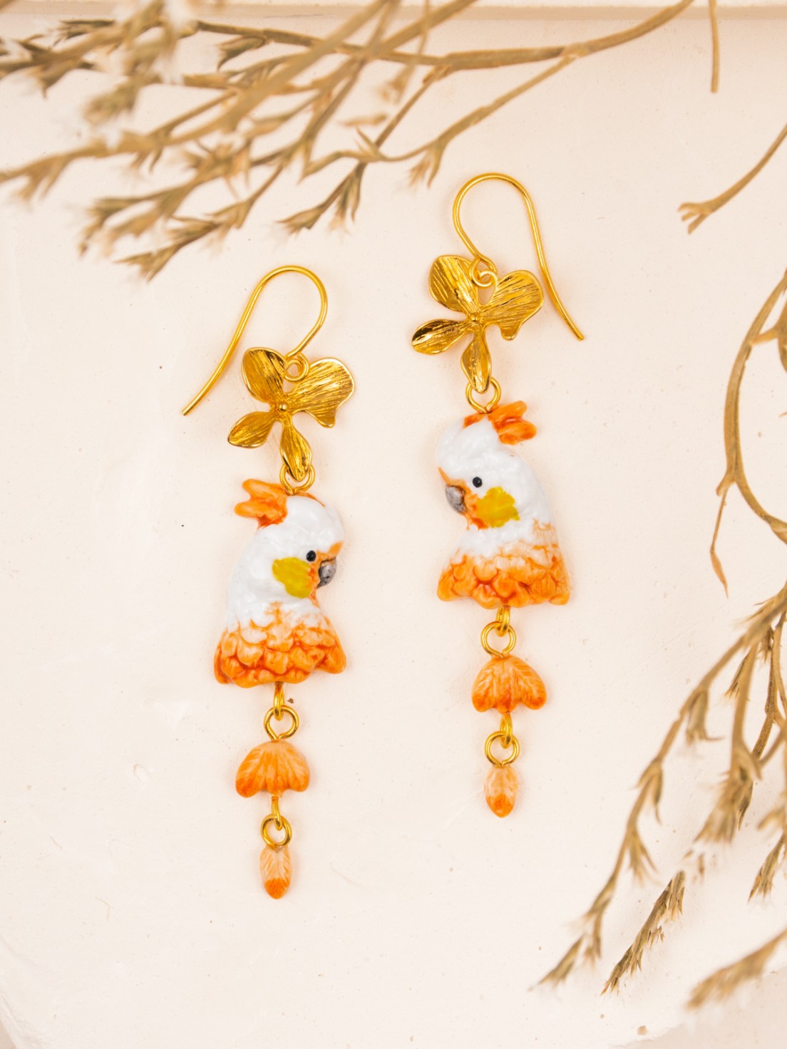 Flowers and Cockatoo earrings